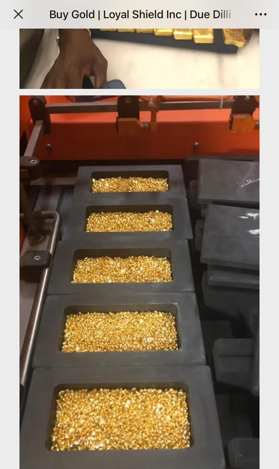 Gold pellets being prepared in refinery casting molds.